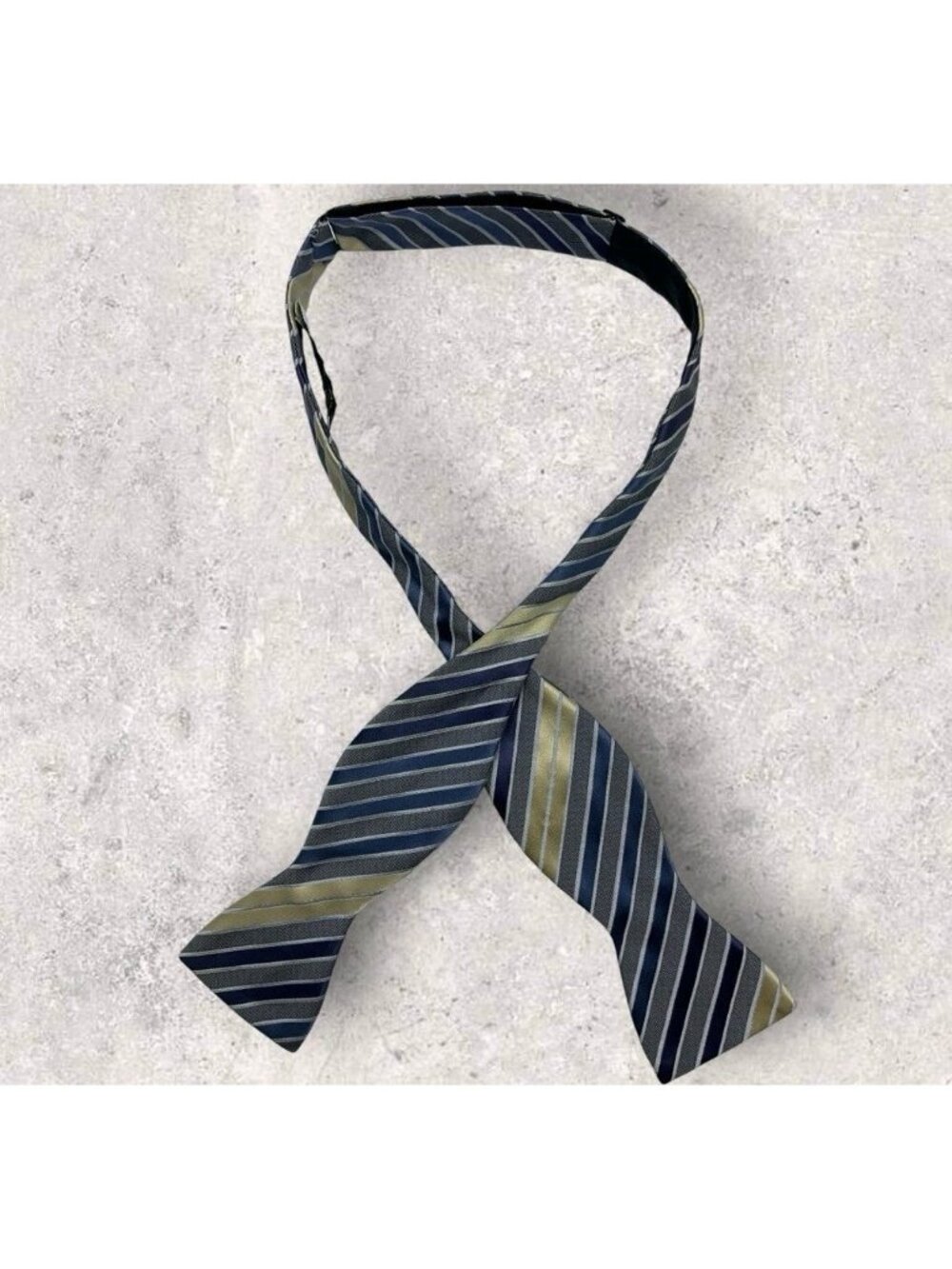 SEIGO Silk Self Bow Tie JAPAN Blue Gray Gold Striped W:2.4" EUC